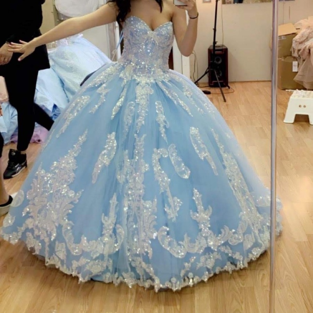 ballgown tulle blue sequence  morilee gown